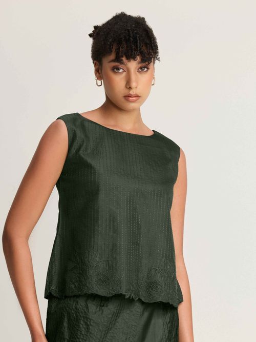 Mulberry Silk Embroidered Boat Neck Top