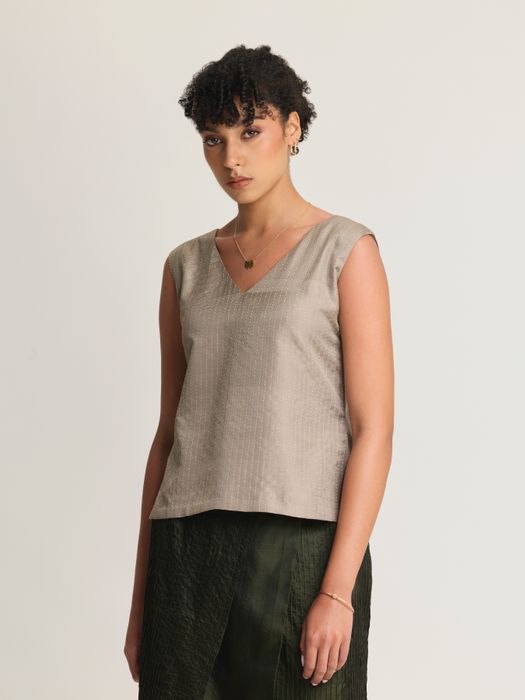 Mulberry Silk V-Neck Top with Kantha Embroidery