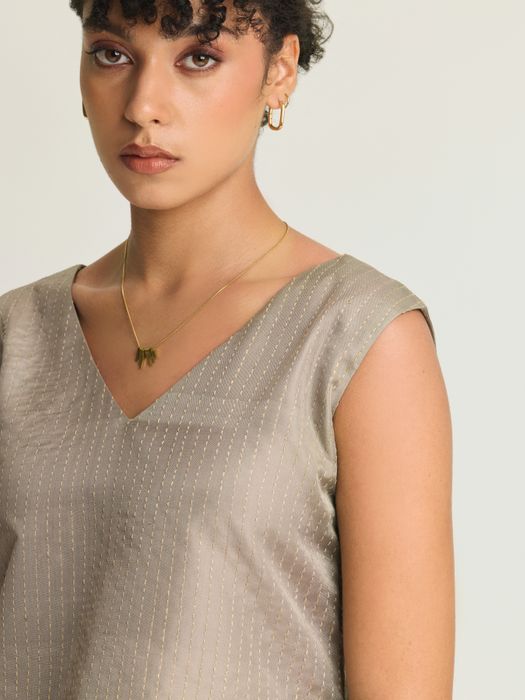 Mulberry Silk V-Neck Top with Kantha Embroidery