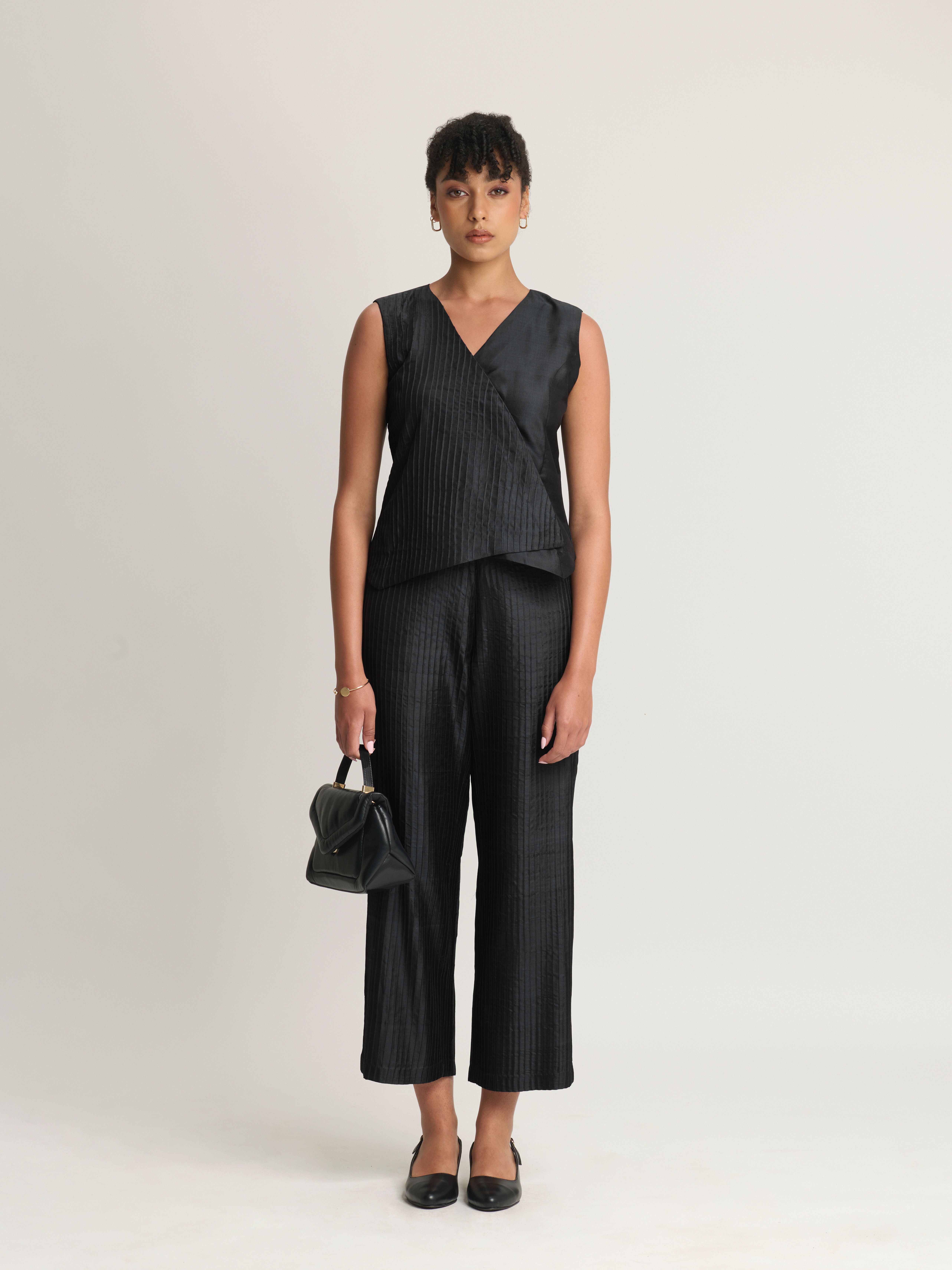 Mulberry Silk Overlap Pintuck Vest and Trouser Set