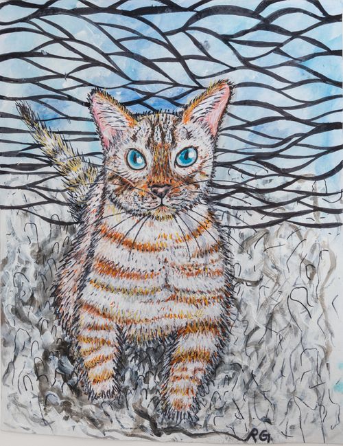 Greetings Card: Cat in Blue Abstract