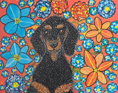 Greetings Card: Dachshund in Flowers