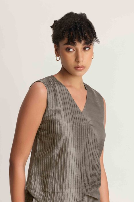 Mulberry Silk Overlap Pintuck Vest and Trouser Set