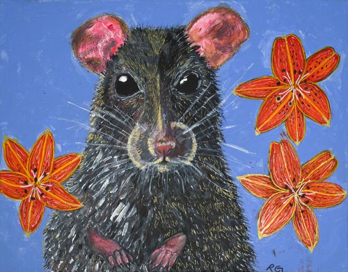 Greetings Card: Rat with Red Flowers
