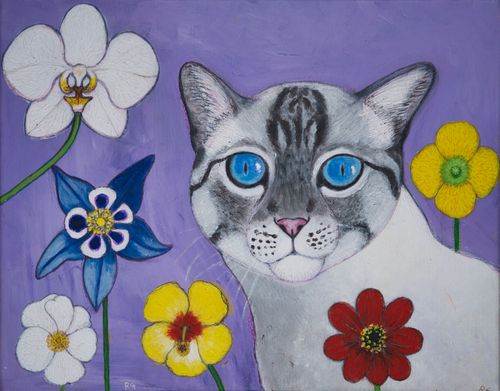 Greetings Card: Blue Eyed Cat in Flowers
