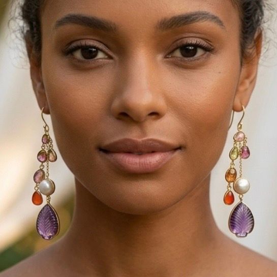 Colorful Natural Gemstone Earrings – Golden Cascade Tourmaline, Amethyst & Pearl