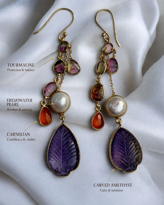 Colorful Natural Gemstone Earrings – Golden Cascade Tourmaline, Amethyst & Pearl