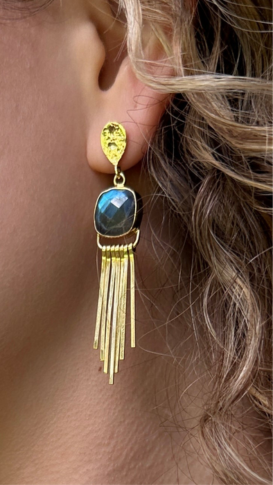 Cosmic Flame Earrings – Gold Statement with Natural Gemstones Labradorite,