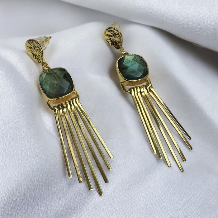 Cosmic Flame Earrings – Gold Statement with Natural Gemstones Labradorite,