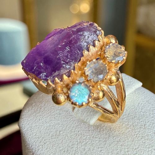 One-of-a-Kind Amethyst & Labradorite Statement Ring – Handmade 18K Gold Plated Sterling Silver