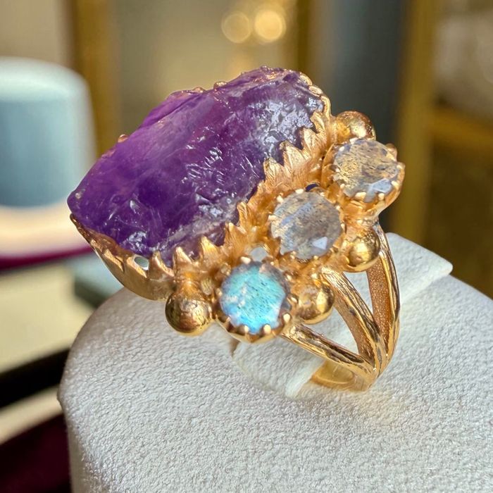 One-of-a-Kind Amethyst & Labradorite Statement Ring – Handmade 18K Gold Plated Sterling Silver