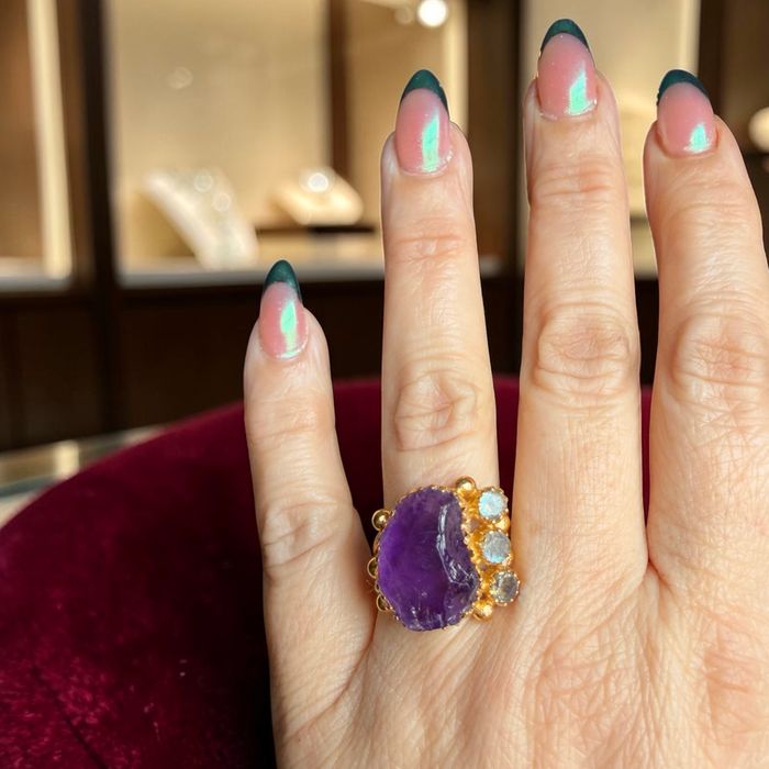One-of-a-Kind Amethyst & Labradorite Statement Ring – Handmade 18K Gold Plated Sterling Silver