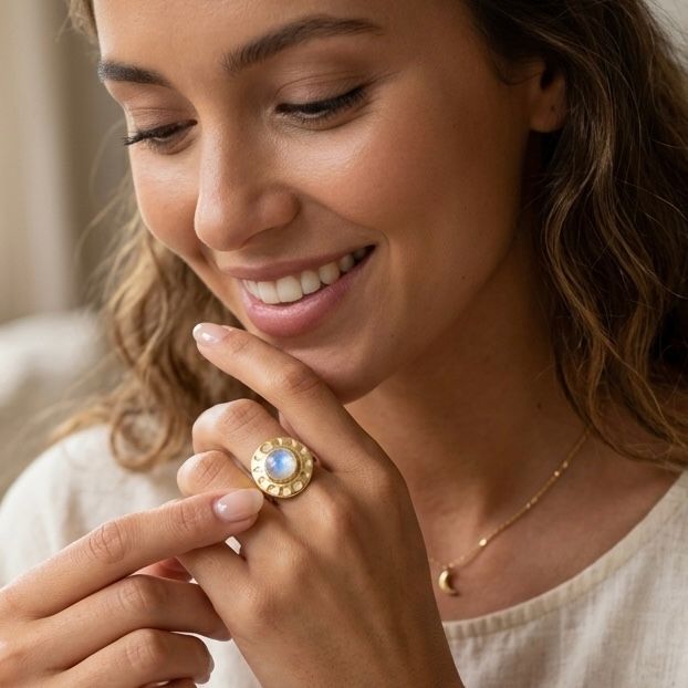 Moon Phase Moonstone Ring – 925 Sterling Silver with 18K Gold