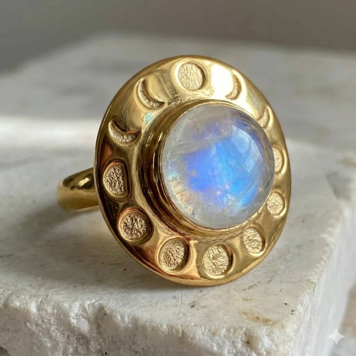 Moon Phase Moonstone Ring – 925 Sterling Silver with 18K Gold