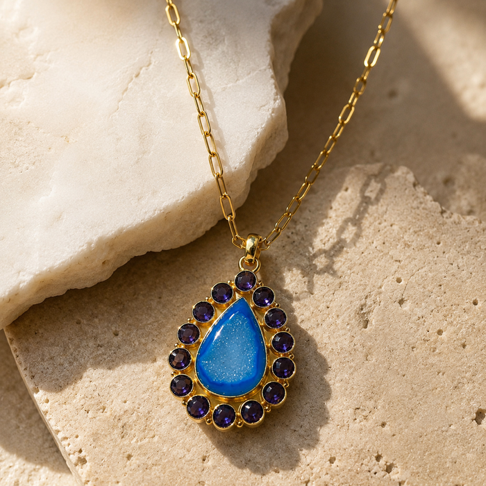 Solar Bloom | Blue Agate Druzy & Amethyst Statement Necklace