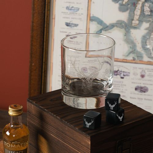 Stag Glass and Whisky Stone Set