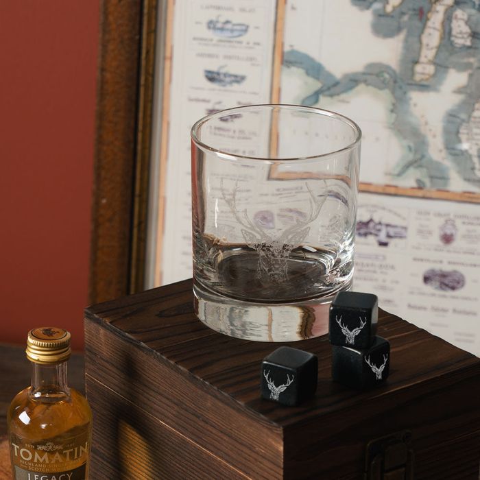 Stag Glass and Whisky Stone Set