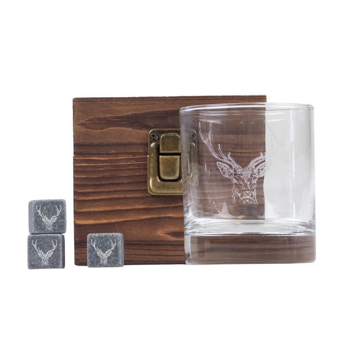 Stag Glass and Whisky Stone Set