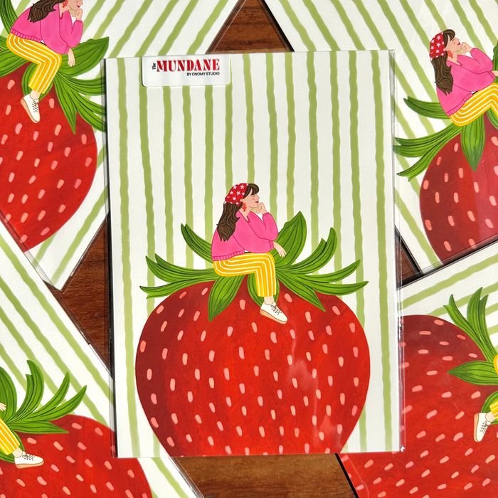 Girl Sitting on Strawberry Giclée Art Print