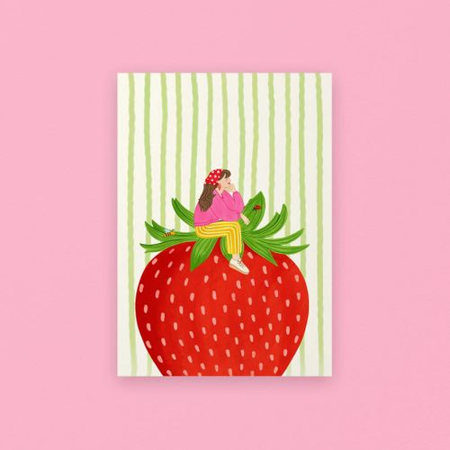 Girl Sitting on Strawberry Gicl&eacute;e Art Print