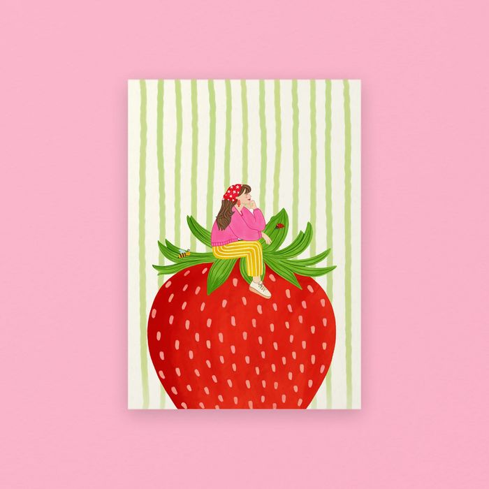 Girl Sitting on Strawberry Giclée Art Print