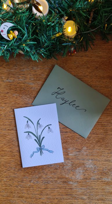 Snowdrop bouquet with pale blue ribbon bow, A6 greeting card with envelope