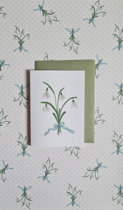 Snowdrop bouquet with pale blue ribbon bow, A6 greeting card with envelope
