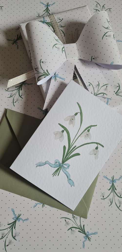 Snowdrop bouquet with pale blue ribbon bow, A6 greeting card with envelope