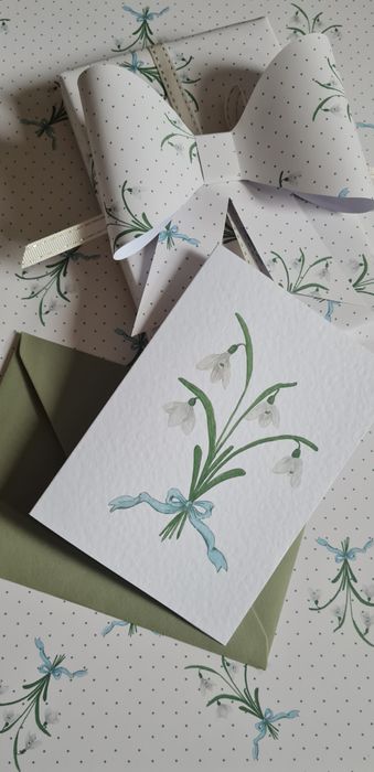 Snowdrop bouquet with pale blue ribbon bow, A6 greeting card with envelope