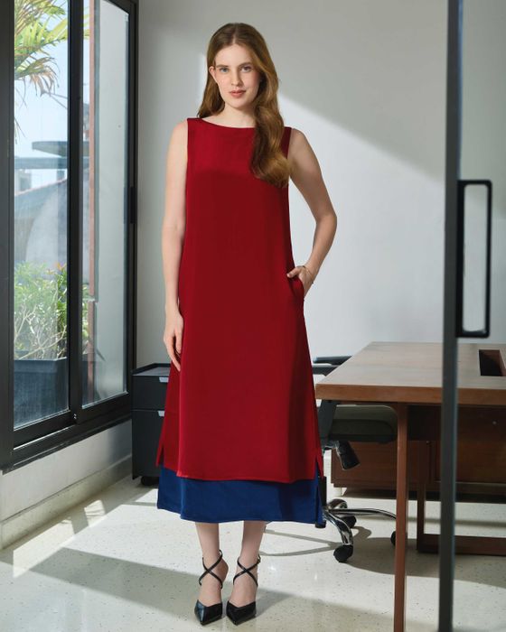 Silk Boat Neck Dress & Double-Breasted Textured Silk Jacket Set 