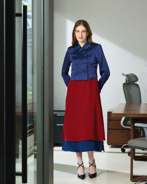Silk Boat Neck Dress & Double-Breasted Textured Silk Jacket Set 