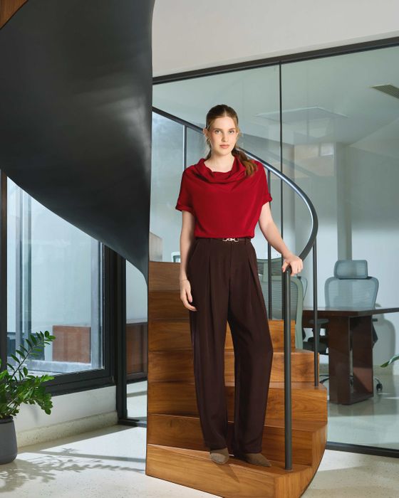 Silk Cowl Neck Top & Barrel-Leg Trousers Set