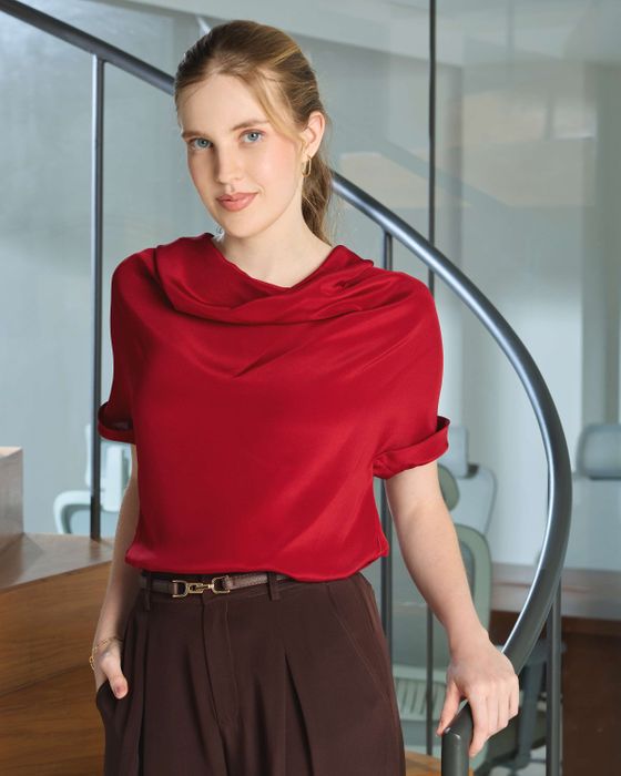Silk Cowl Neck Top & Barrel-Leg Trousers Set