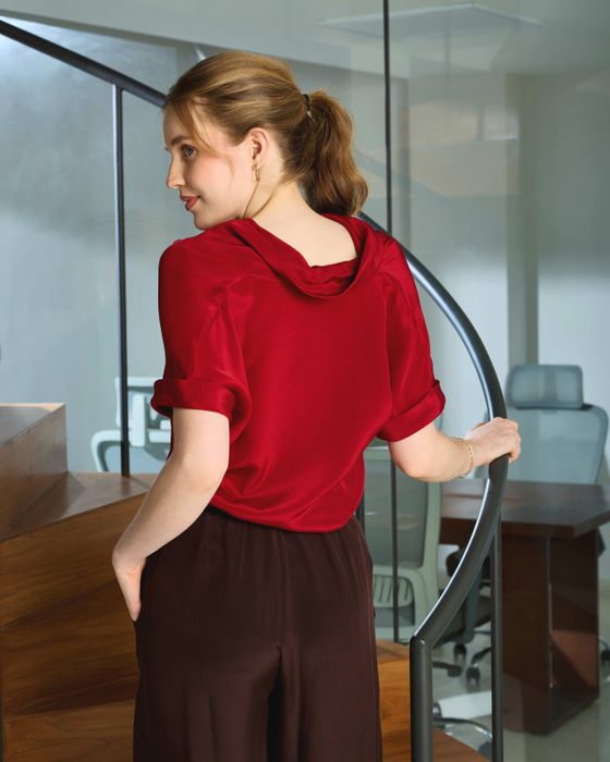 Silk Cowl Neck Top & Barrel-Leg Trousers Set