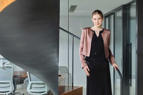 Silk Pintuck Peplum Top, Pintuck-Panelled Skirt & Cropped Jacket Set