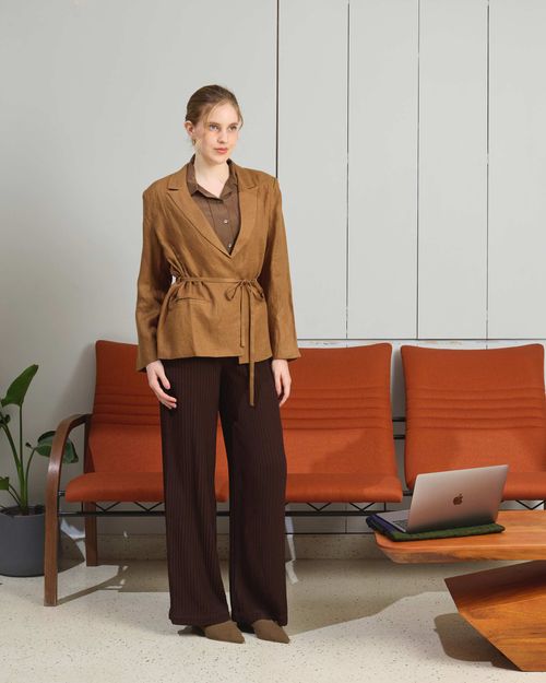 Silk Peter Pan Collar Shirt & Linen Tailored Coat Set