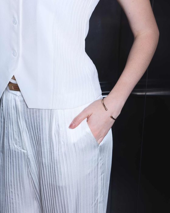 Silk Pintuck Vest, Straight Trousers & Linen Coat Set
