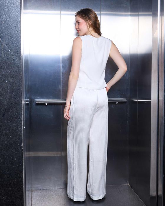 Silk Pintuck Vest, Straight Trousers & Linen Coat Set