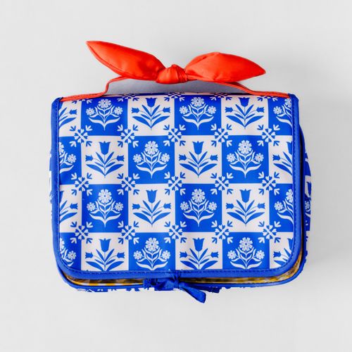 Hanging Toiletry Bag - Blue Plaid Floral