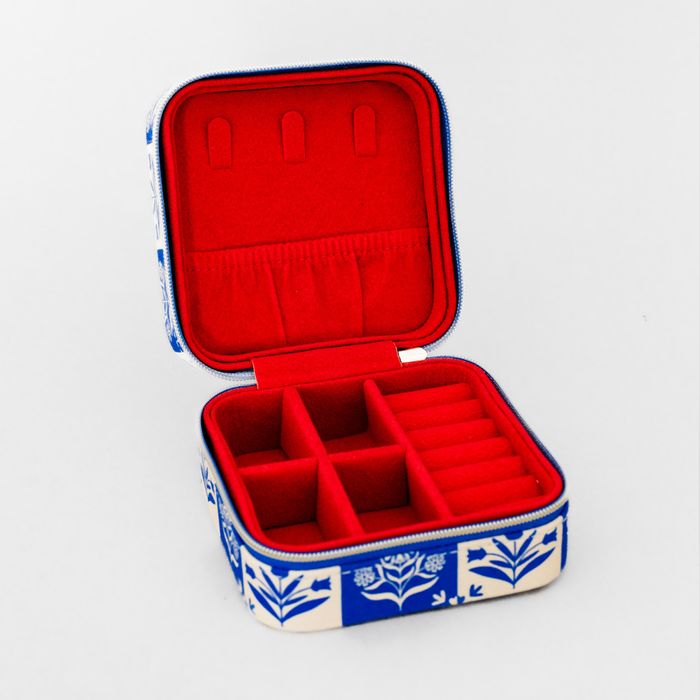 Travel Jewelry Organizer, Blue Plaid Floral