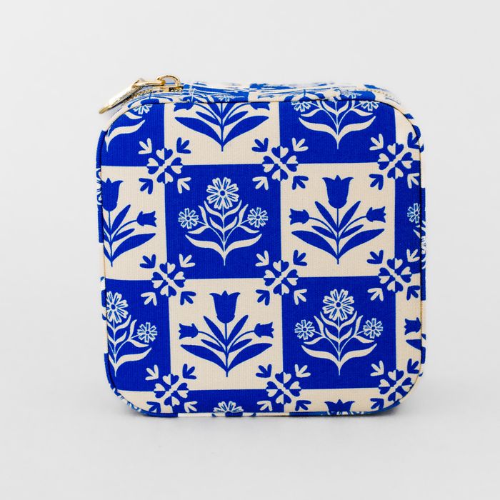 Travel Jewelry Organizer, Blue Plaid Floral