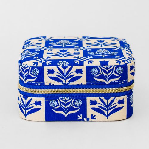 Travel Jewelry Organizer, Blue Plaid Floral