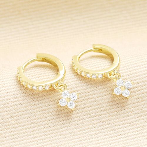 Crystal Clover Charm Huggie Hoop Earrings in Gold