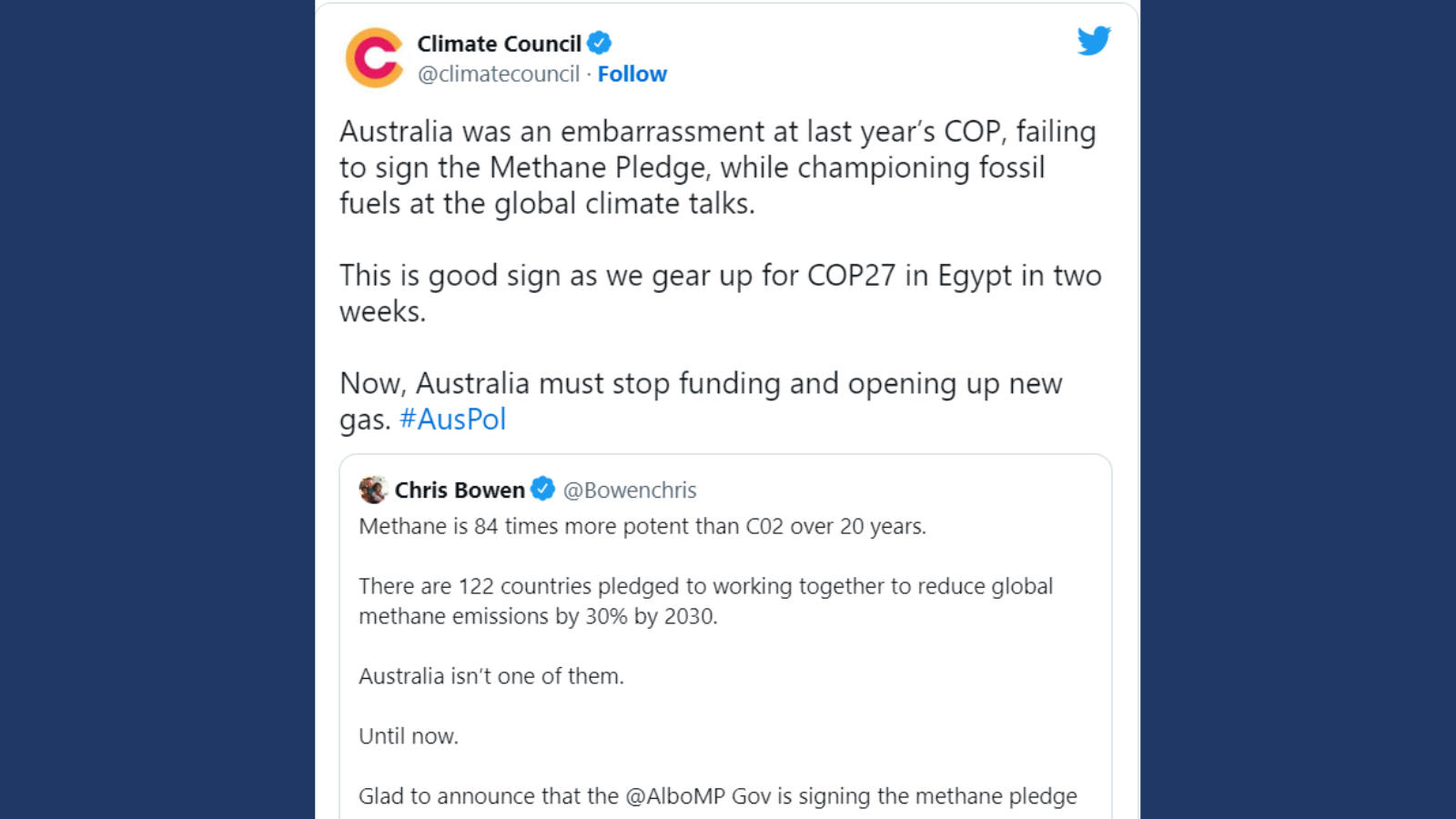 Signing the methane pledge ahead of COP27 strengthens Australia’s industries