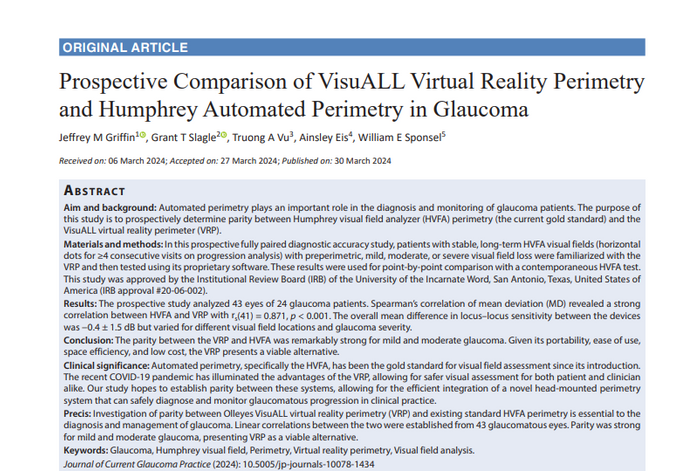 Prospective Comparison of VisuALL Virtual Reality Perimetry and Humphrey Automated Perimetry in Glaucoma
