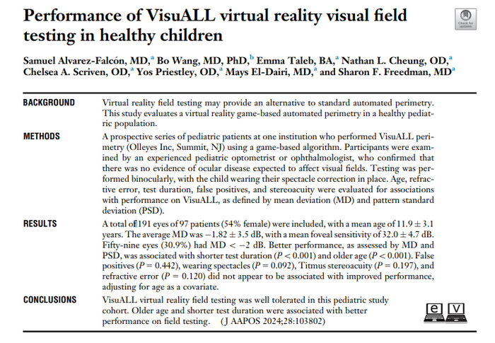 Performance of VisuALL virtual reality visual field testing in healthy children