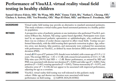 Performance of VisuALL virtual reality visual field testing in healthy children