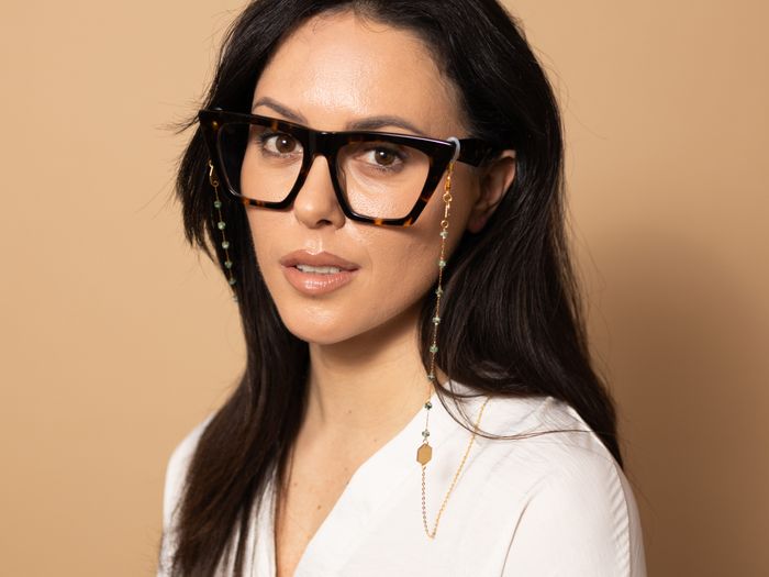 Mary – Dainty Moss Agate Stone Fine Glasses chain with Brass Hexagons -  perfect for wearing with sunglasses and as glasses holder