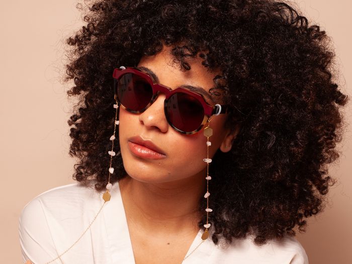 Anya - Rose Quartz & Brass Hexagon chain – perfect for wearing with sunglasses and as glasses holder