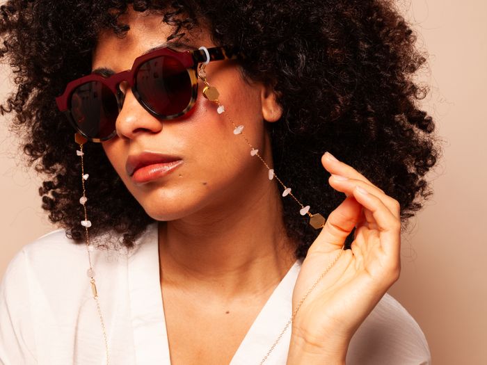 Anya - Rose Quartz & Brass Hexagon chain – perfect for wearing with sunglasses and as glasses holder